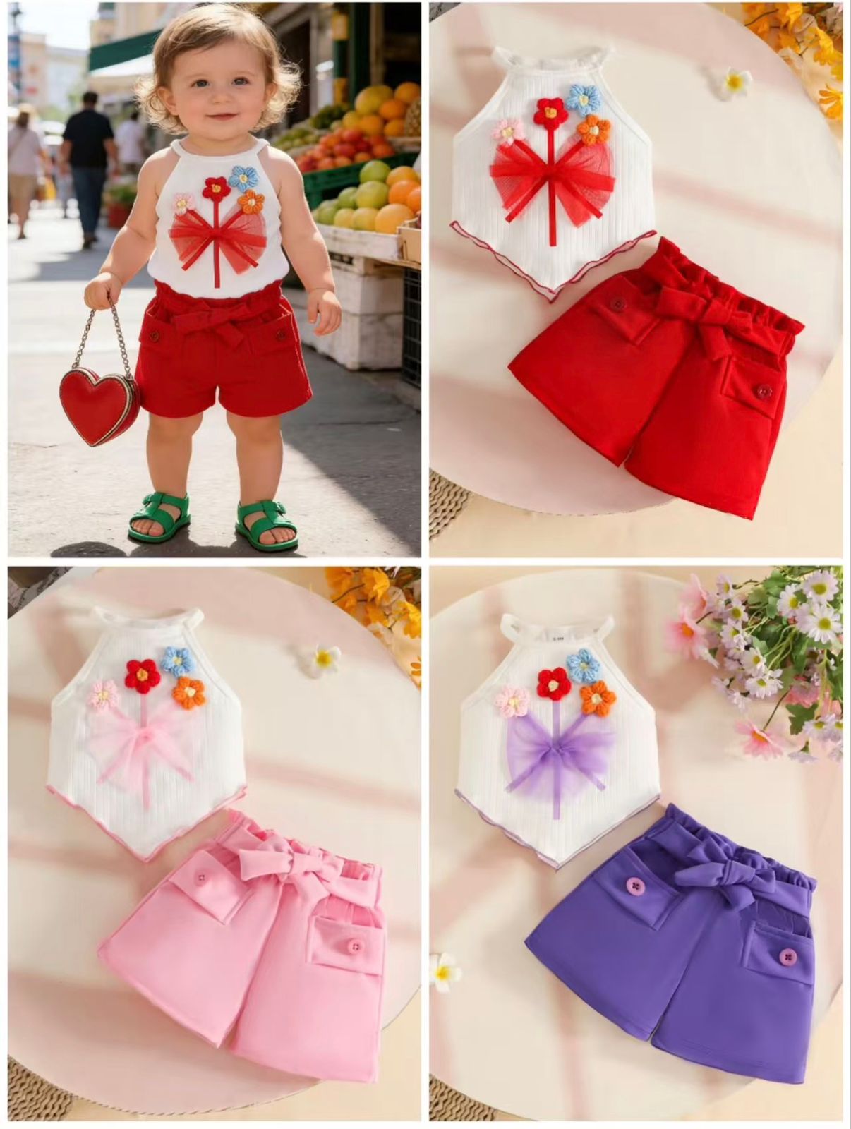 Children's outfit with red shorts and white top featuring a red bow, displayed against a market background.