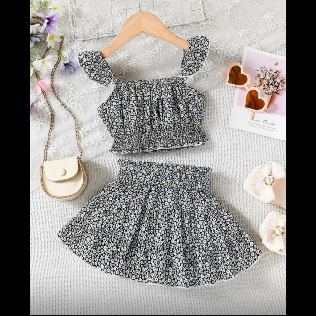 Floral dress set with top and skirt on a textured surface with flowers and a handbag.