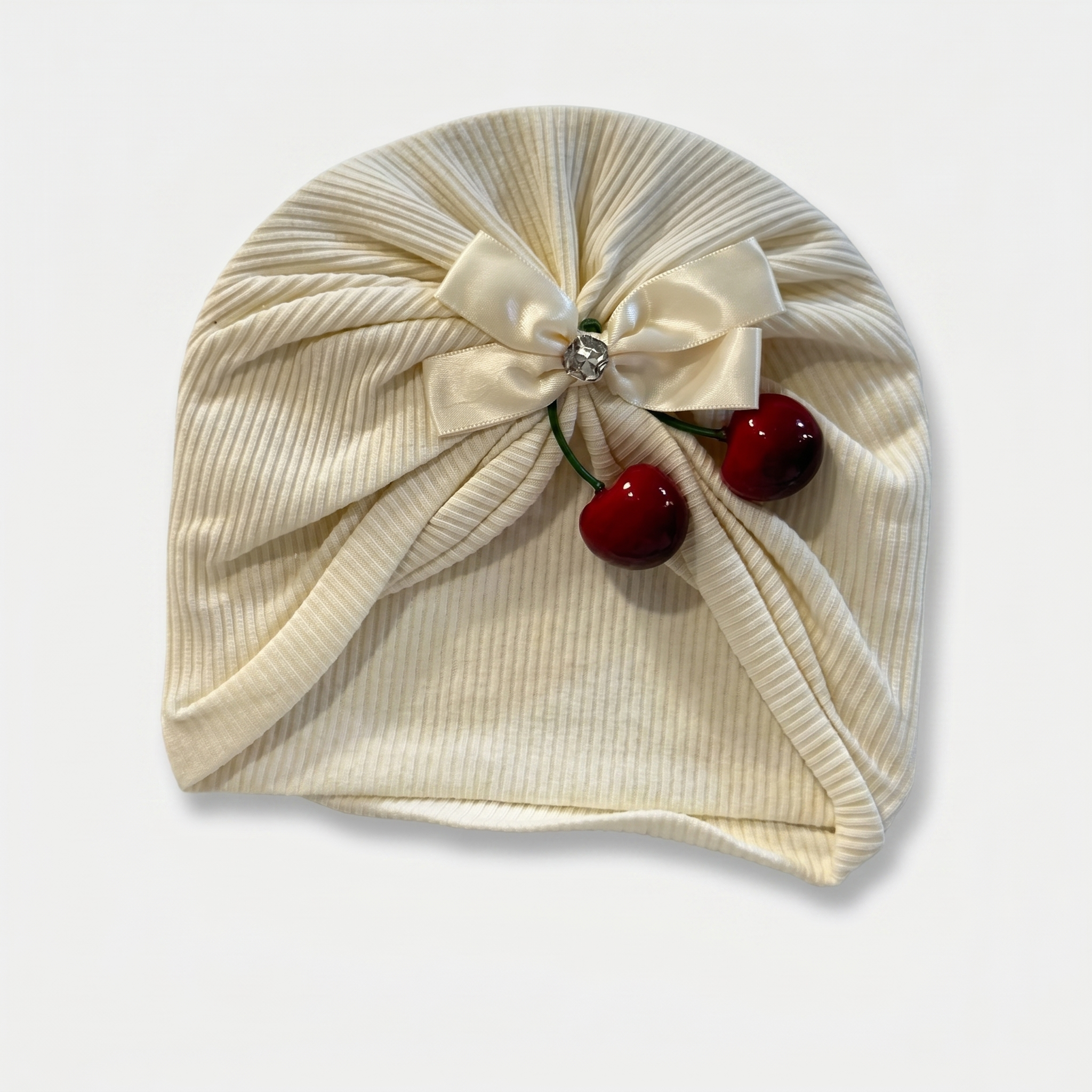 Cherry Bow Baby Turban Cap – Soft Ribbed Beanie (Many Colors)