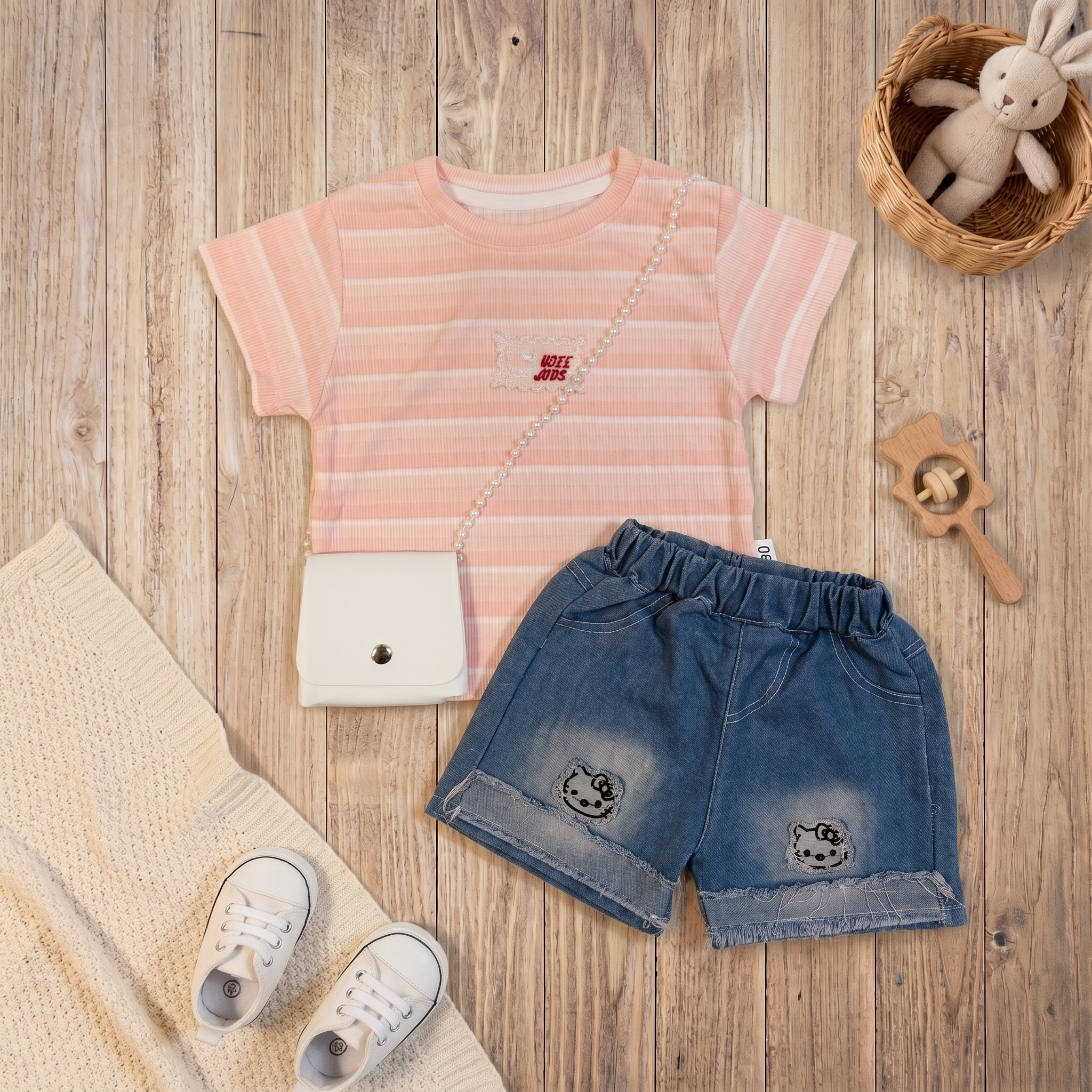 2-Piece Girls Striped T-Shirt & Denim Shorts Set