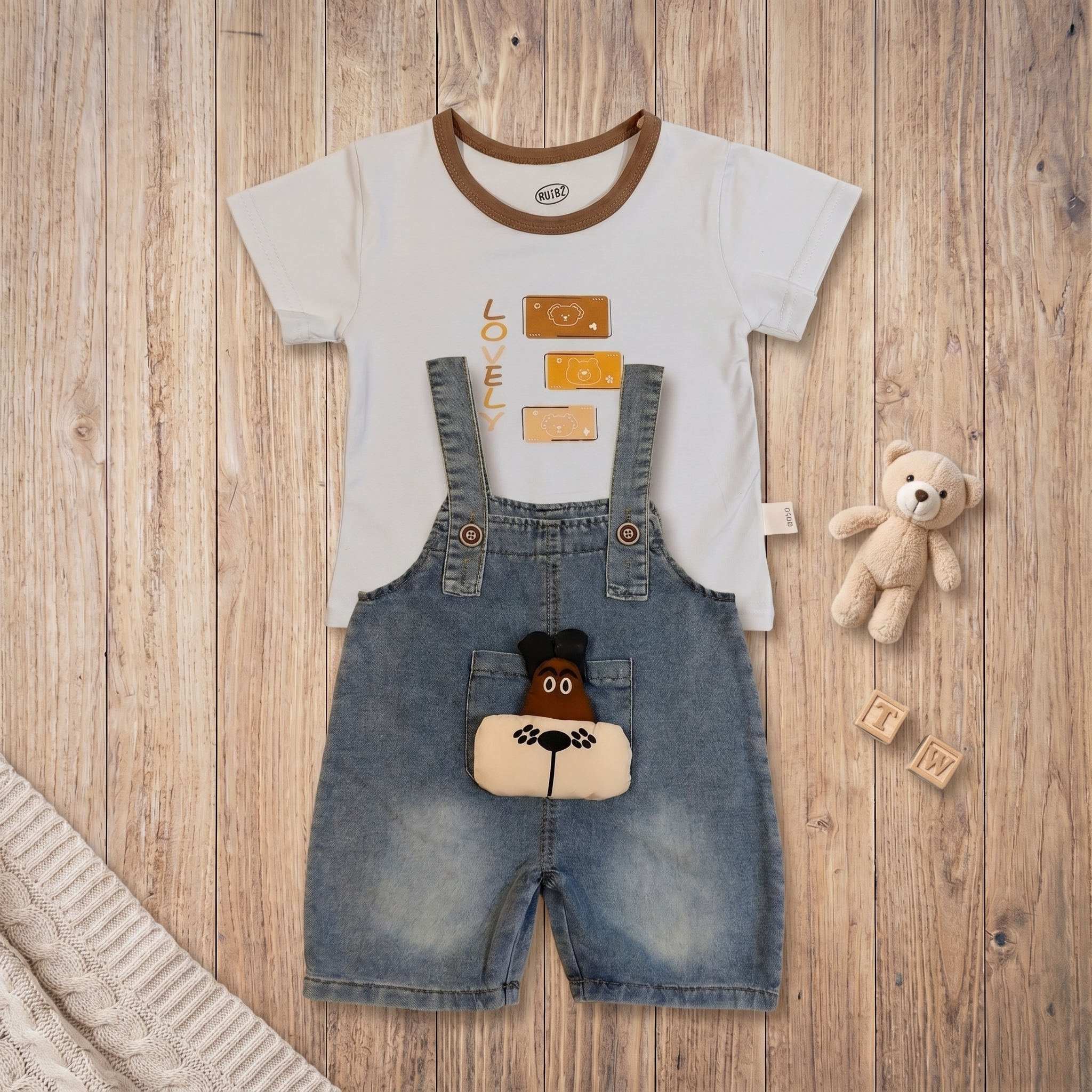2-Piece Baby Boys Denim Dungaree Set with Puppy Pocket