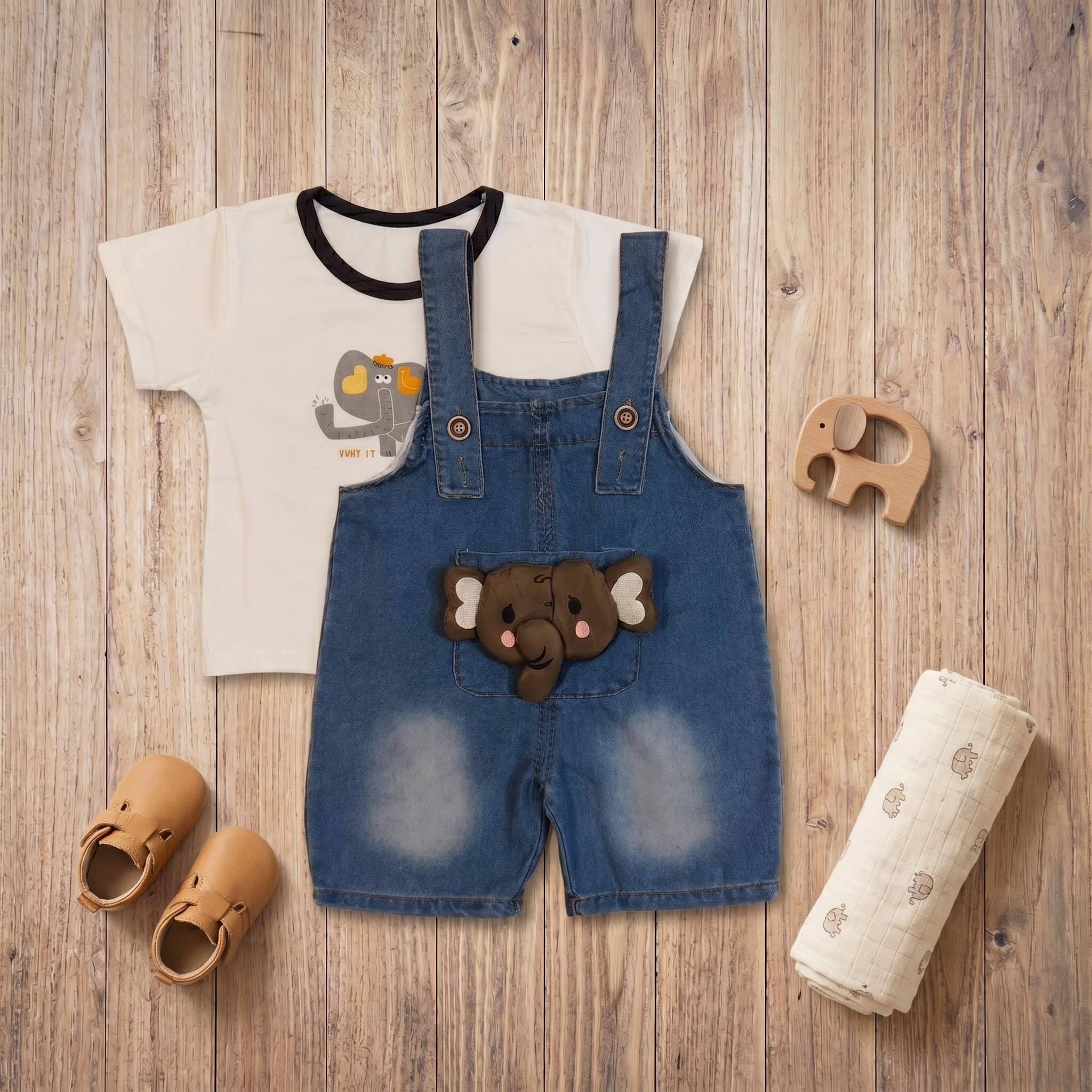 2-Piece Baby Boys Elephant Denim Dungaree Set