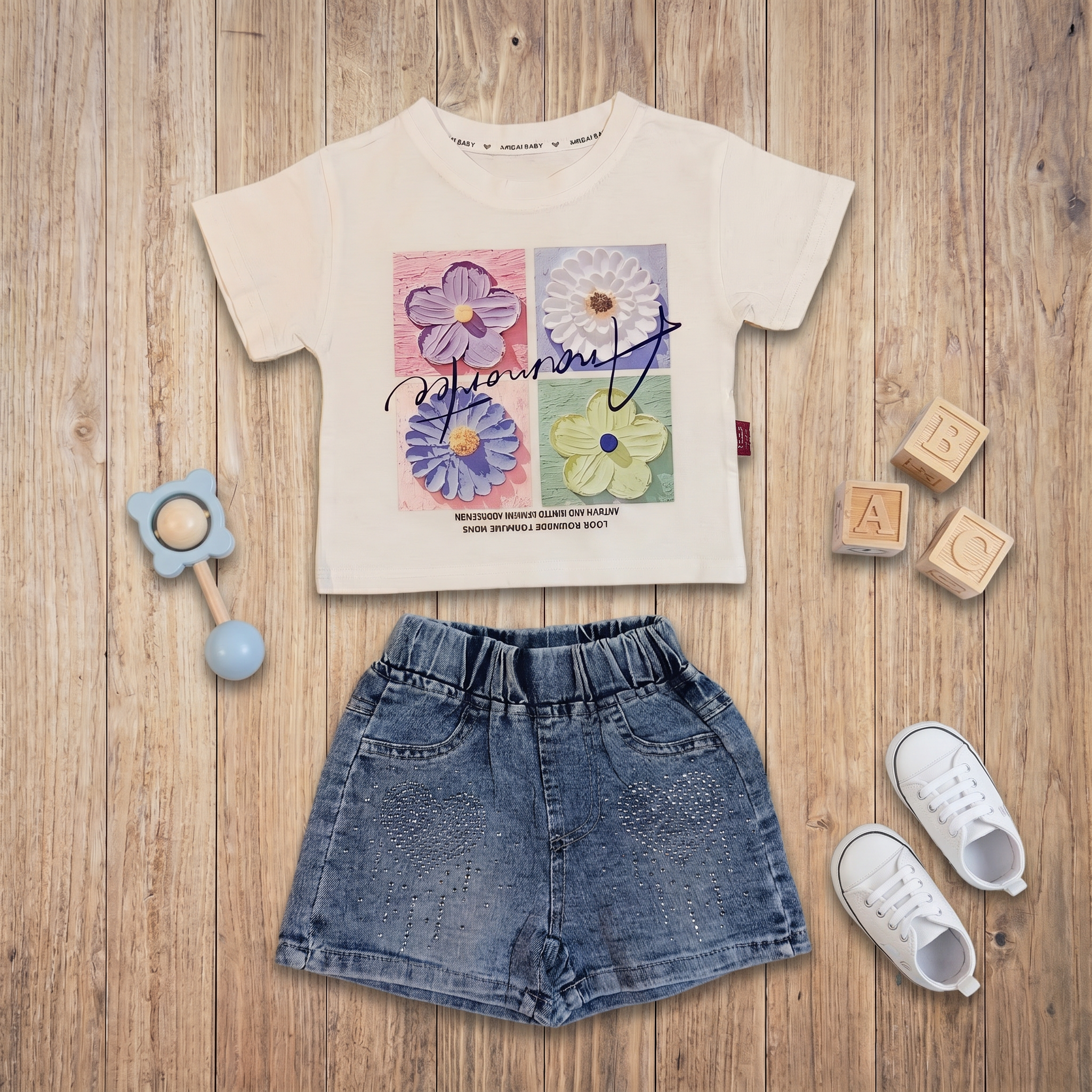 Bloom Heart Denim Shorts Set – Ivory White