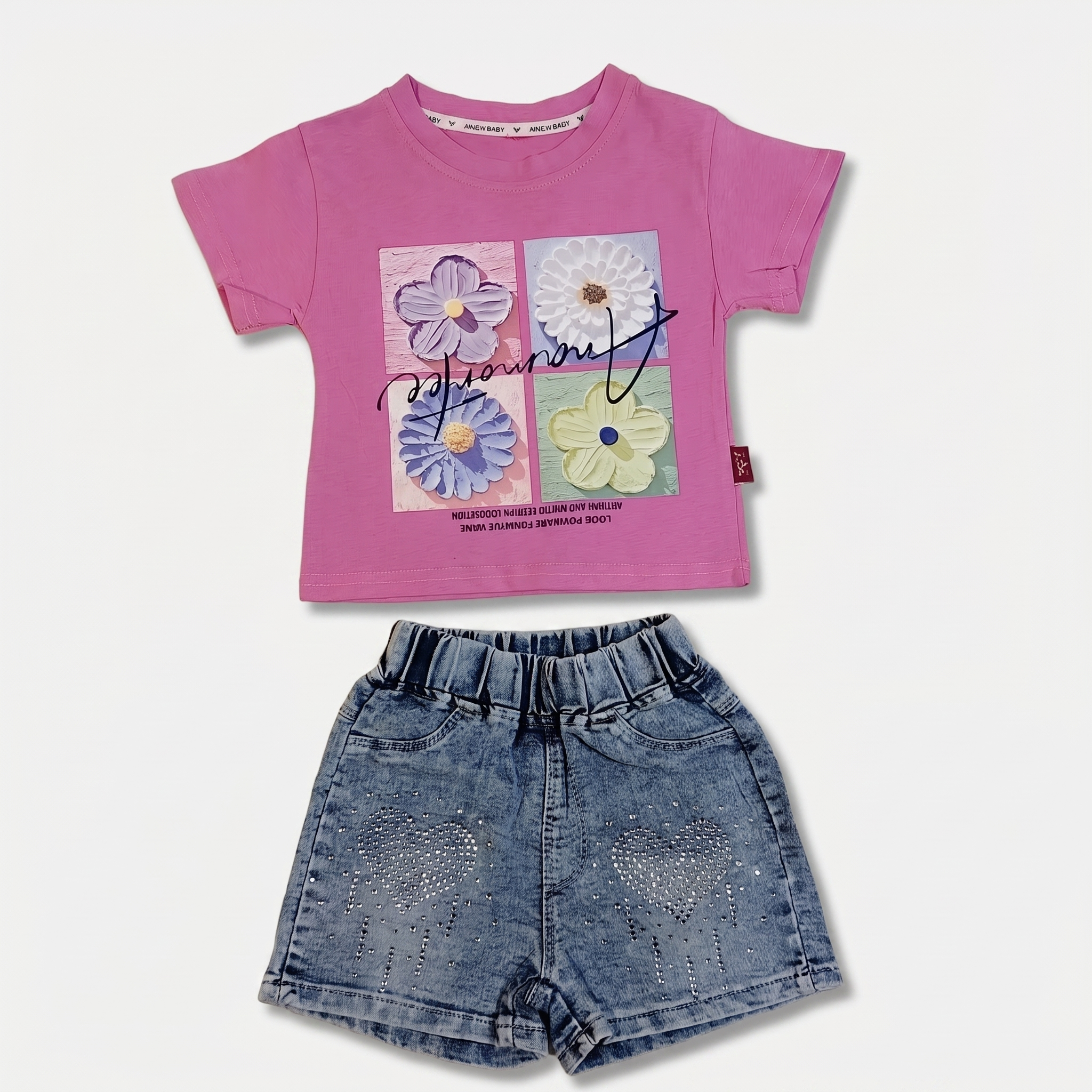 Bloom Heart Denim Shorts Set – Hot Pink