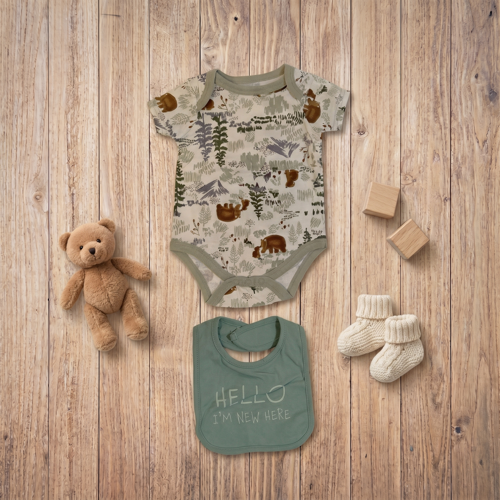 Woodland Bear Baby Bodysuit & Bib Set