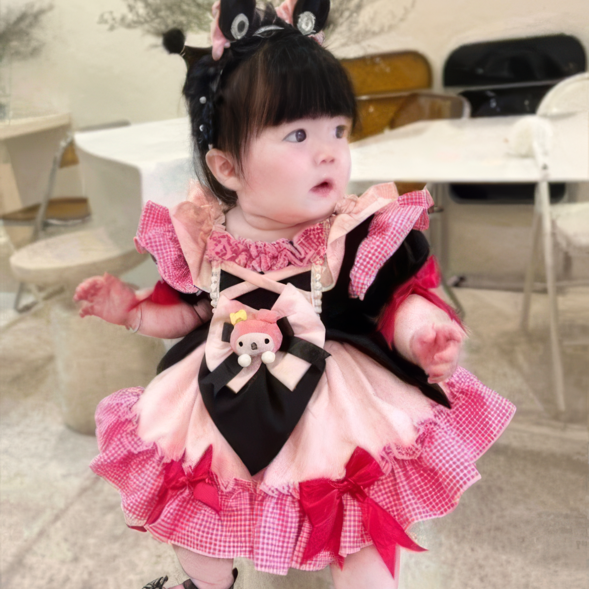 Child wearing a pink and black checkered dress with ruffles in an indoor setting.