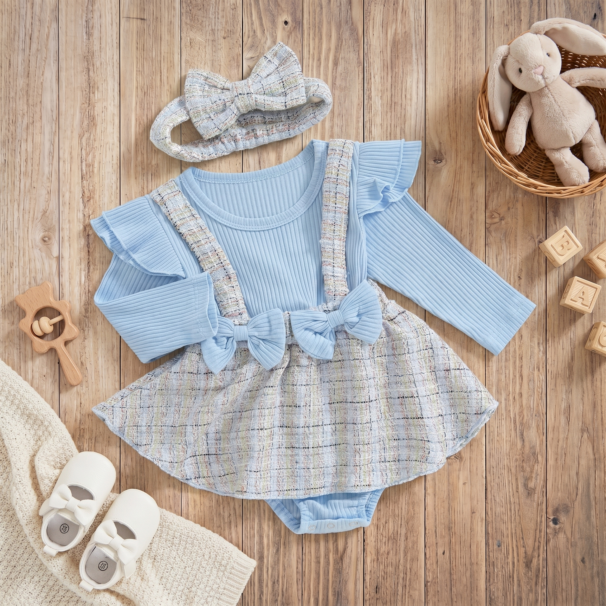 Sky Belle Bow Romper Dress Set with Headband