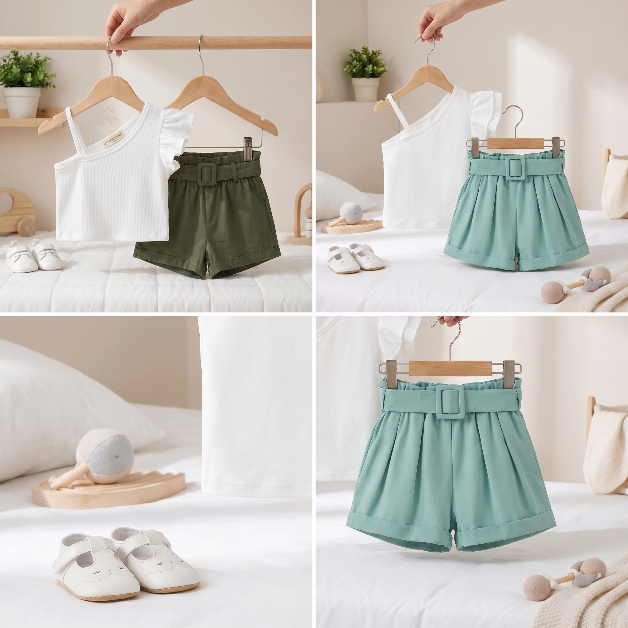 Collage of children's clothing including a white top, green shorts, and white shoes on a neutral background.