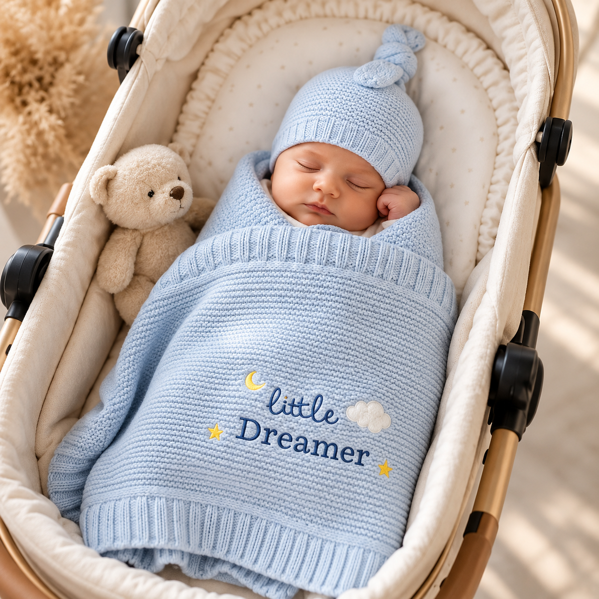 Sleeping baby wrapped in the Blue little Dreamer textured shawl inside a stroller, wearing the matching knotted cap with the message detail visible.