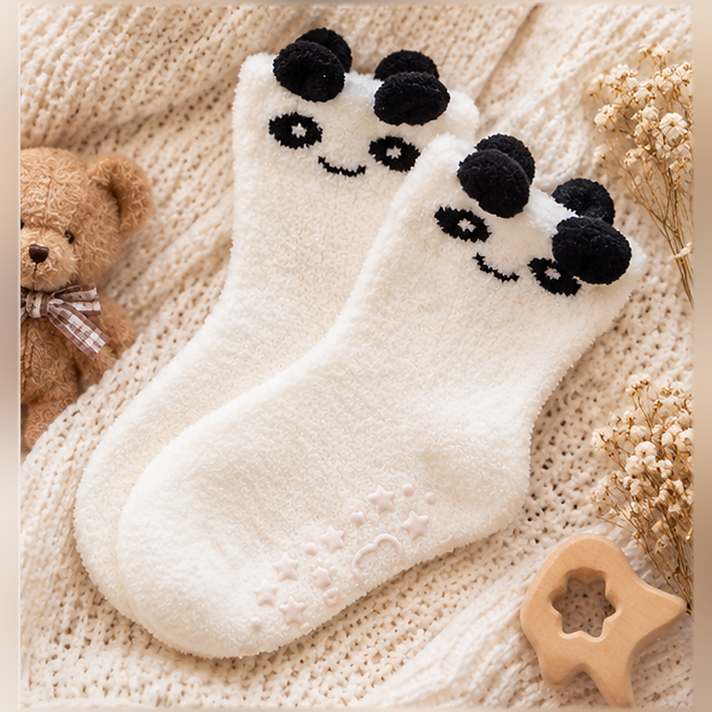 White panda-inspired soft wool socks shown on a knitted cream background, with Black rounded ears, Black eye patches and subtle sole grip details.