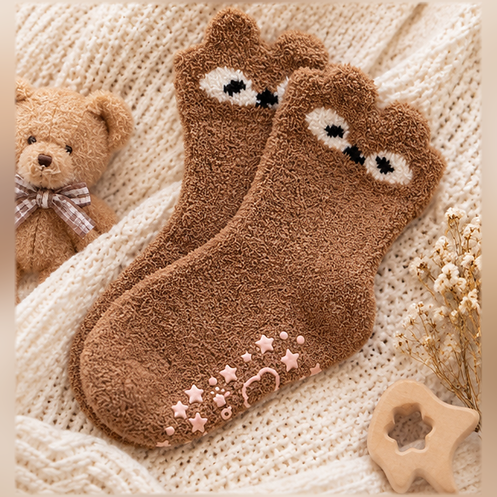 Brown owl-inspired fluffy socks shown in a square product image, with raised ear details, wide embroidered eyes and Pink anti-slip sole grips.