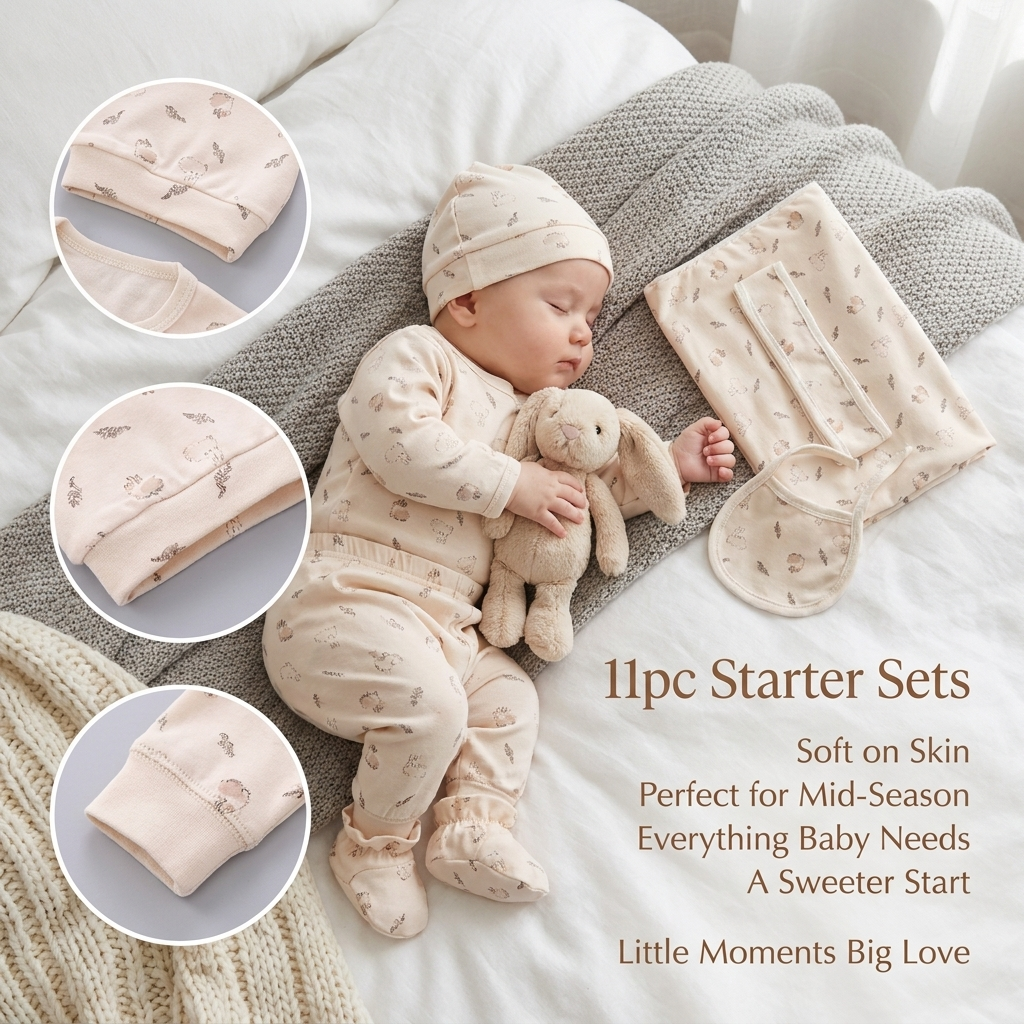 Newborn wearing beige animal print 11 piece mid-season starter set