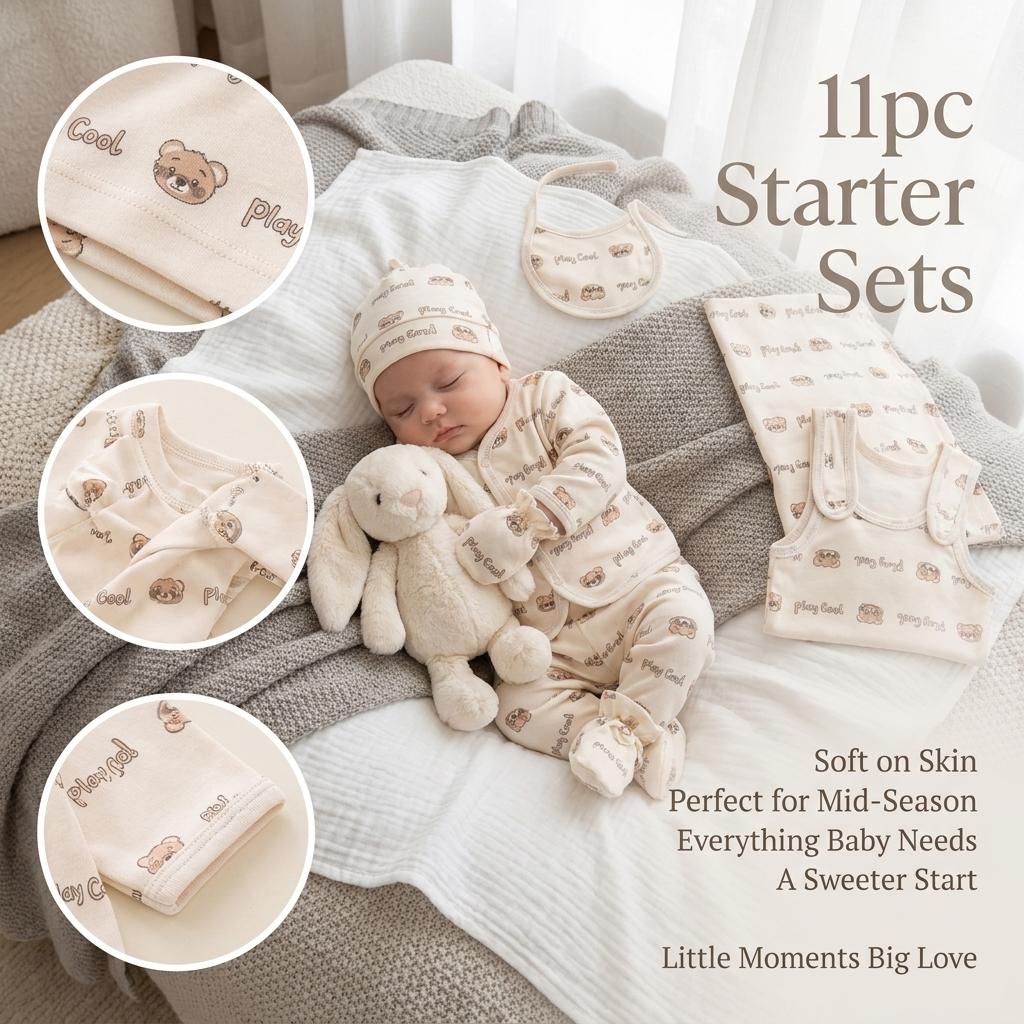 Newborn wearing brown Play Cool 11 piece mid-season starter set
