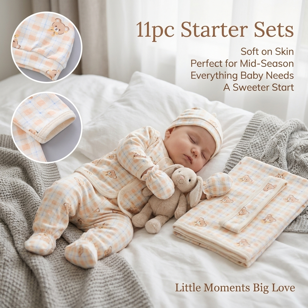 Newborn wearing orange check 11 piece mid-season starter set