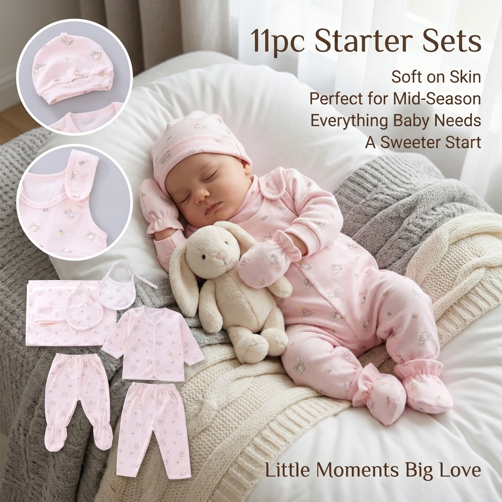 Newborn wearing pink bunny 11 piece mid-season starter set