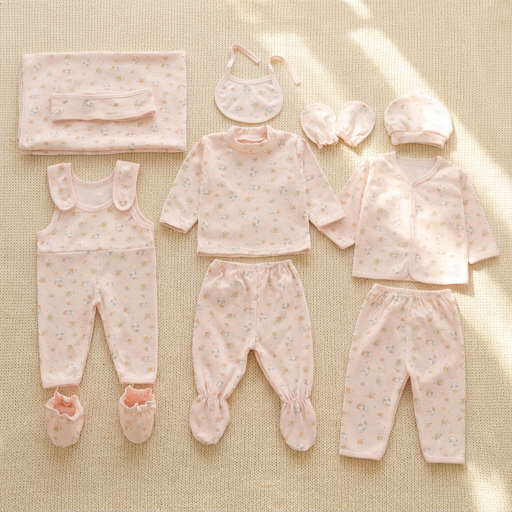 Pink floral 11 piece newborn mid-season starter set flat lay