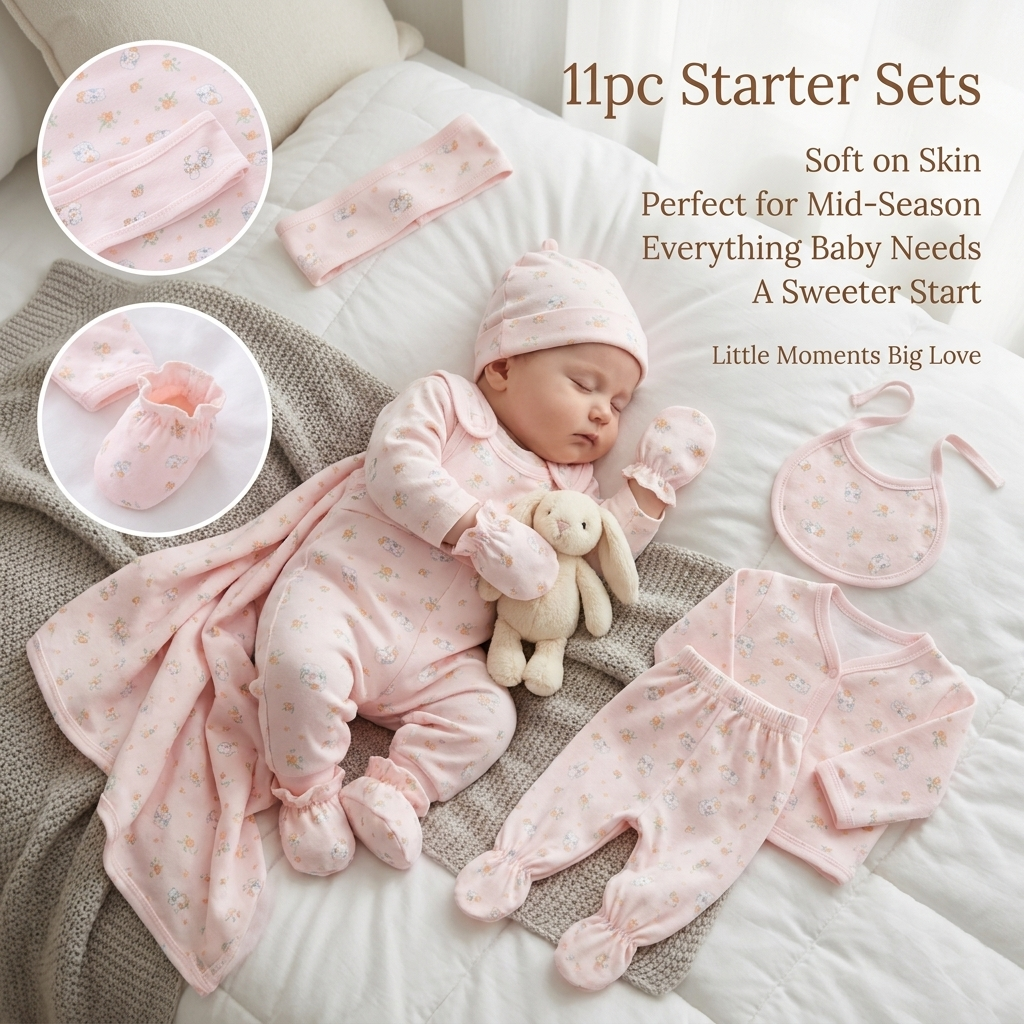 Newborn wearing pink floral 11 piece mid-season starter set