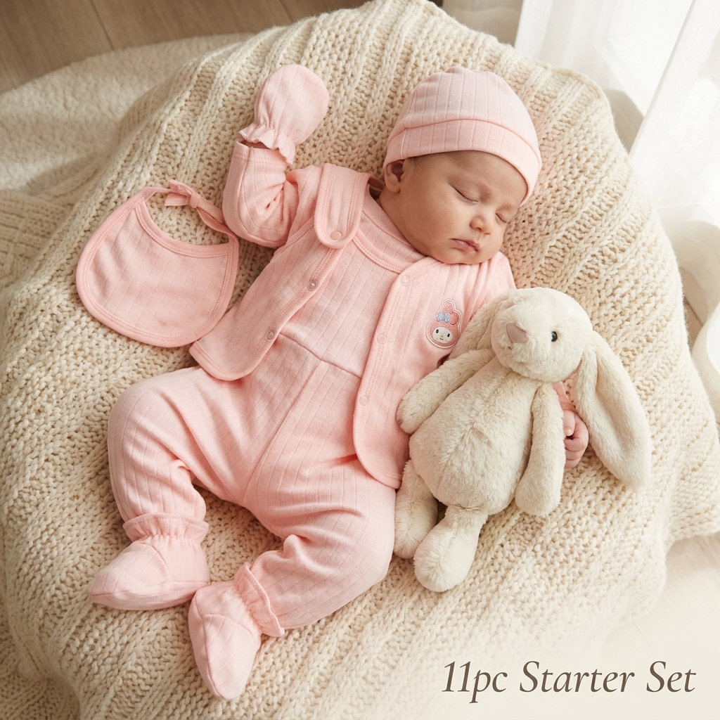 Baby wearing pink 11 piece newborn starter set