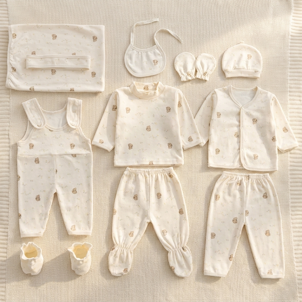 White teddy 11 piece newborn mid-season starter set flat lay