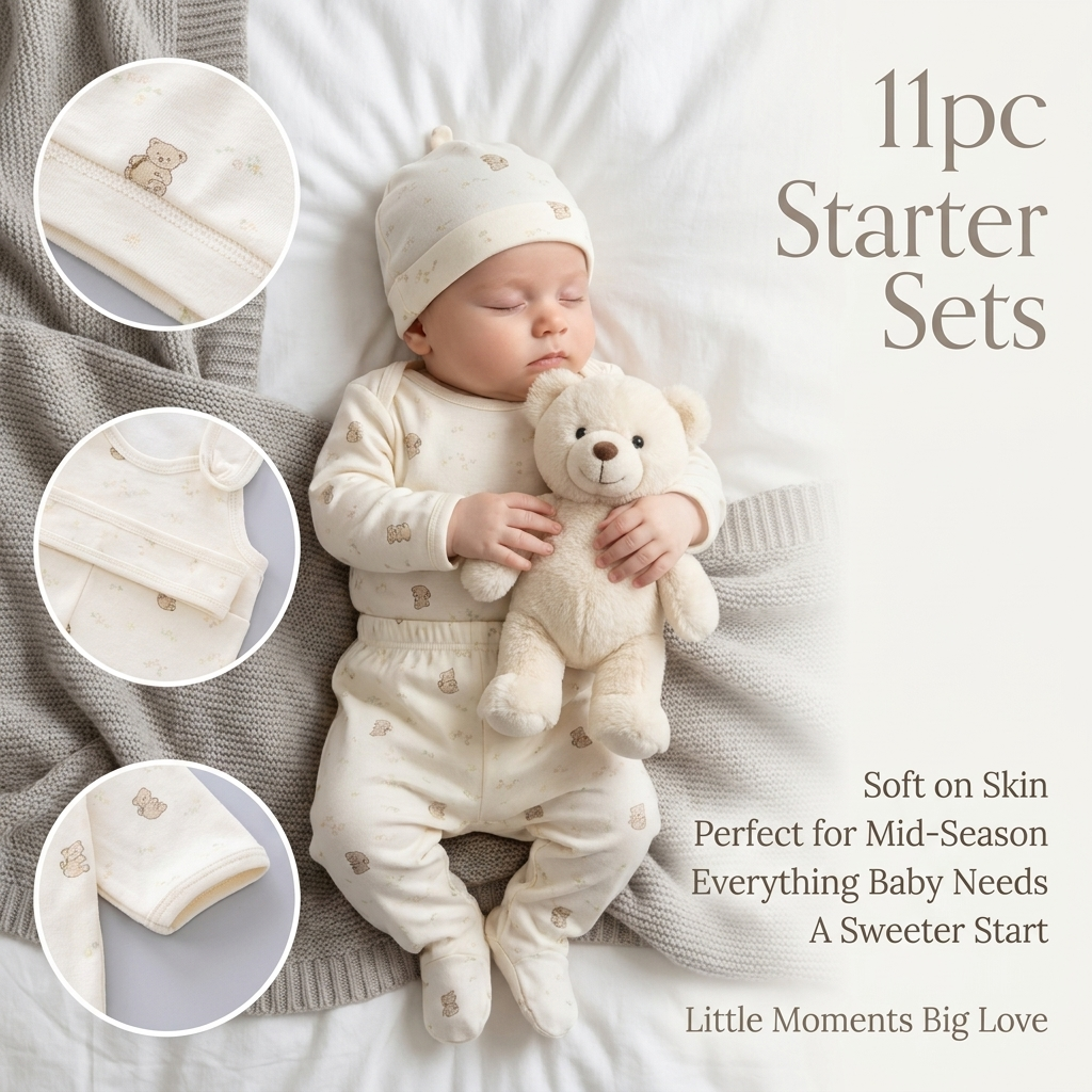 Newborn wearing white teddy 11 piece mid-season starter set