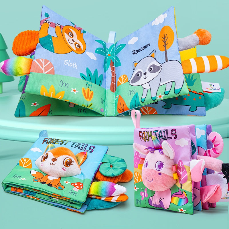 Collage of Orange Forest Tails fox and Pink Farm Tails unicorn soft activity books, showing colourful printed fabric pages, raised animal faces and side tail details.