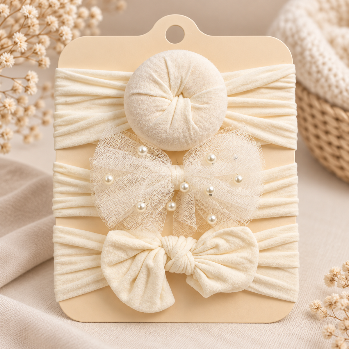 Cream 3PC baby bow headband set for newborn girls