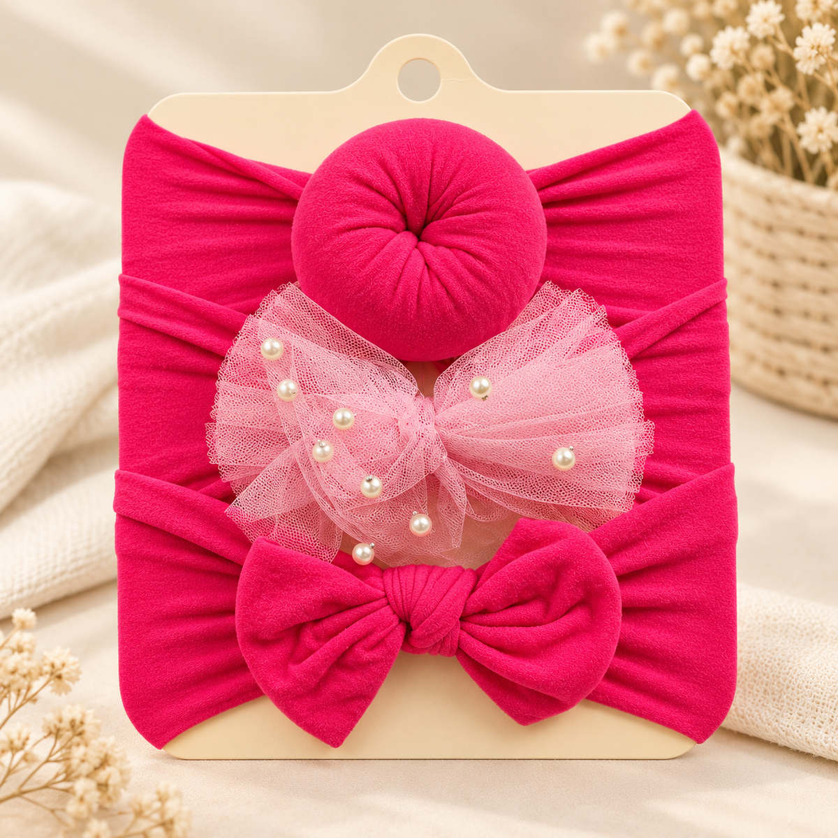 Pink 3PC baby bow headband set for newborn girls