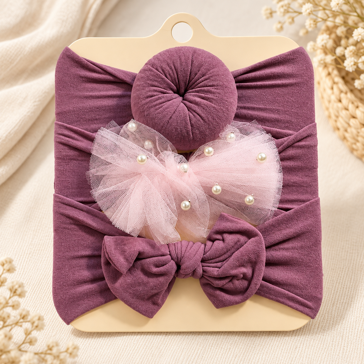 Purple 3PC baby bow headband set for newborn girls