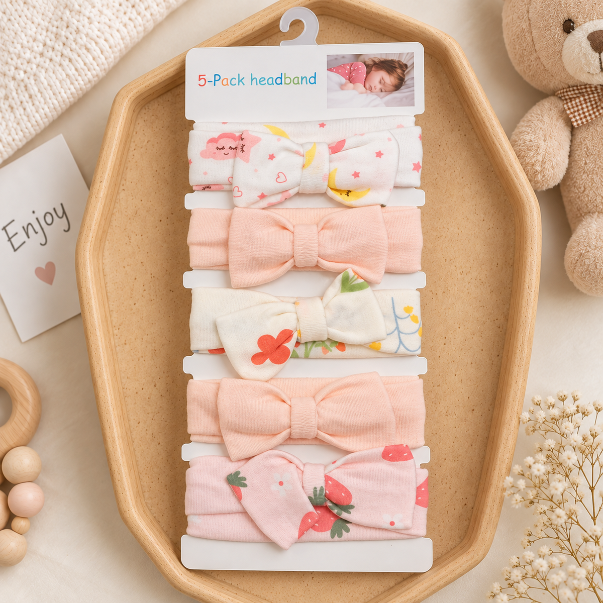 5 pack baby bow headbands pink printed design