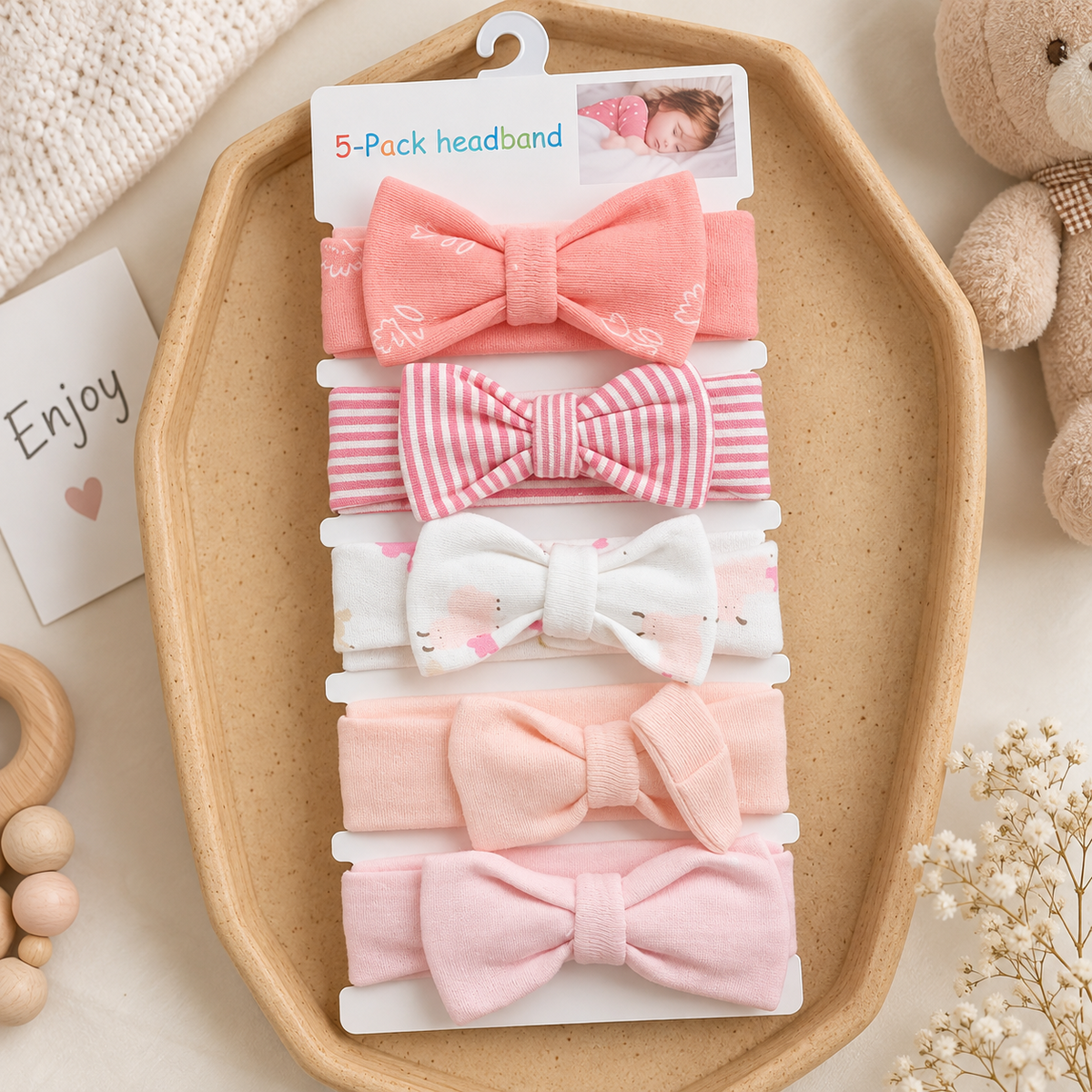 5 pack baby bow headbands pink striped design