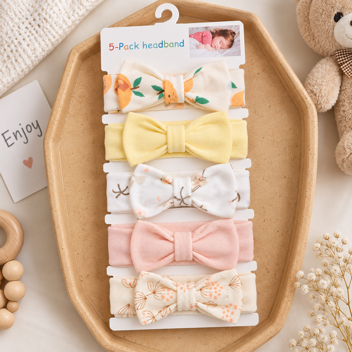 5 pack baby bow headbands floral yellow peach design