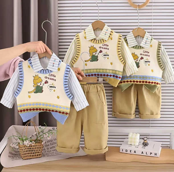 Little Dreams 4-Piece Baby Boy Shirt, Sweater Vest & Trouser Set