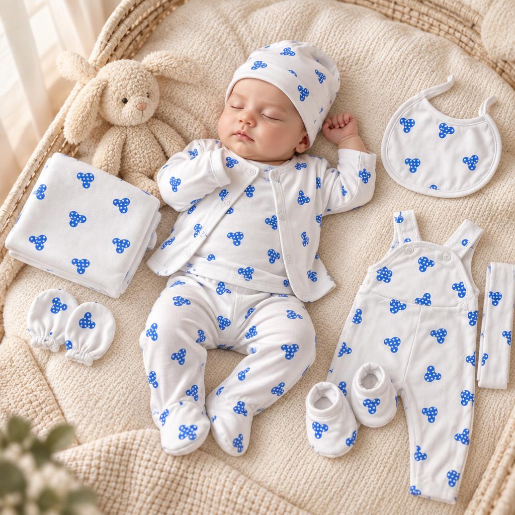 Newborn wearing the blue bow-print cardigan and footed pants set in a wicker bassinet, surrounded by the matching bib, blanket, mittens, booties and sleeveless romper.