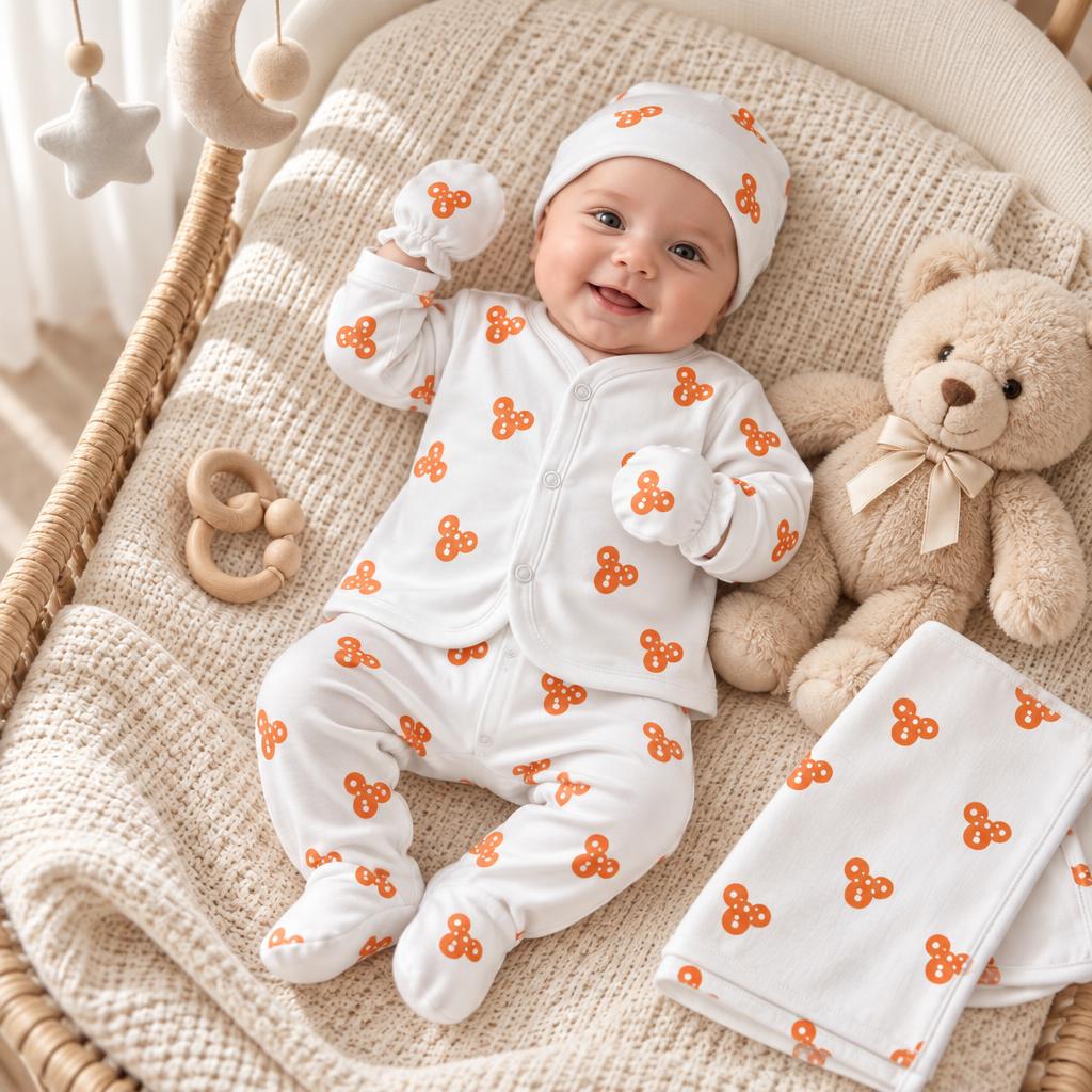 Newborn wearing the brown bow-print starter set in a wicker bassinet, showing the white button-front cardigan, footed pants, cap and mittens beside the matching blanket.