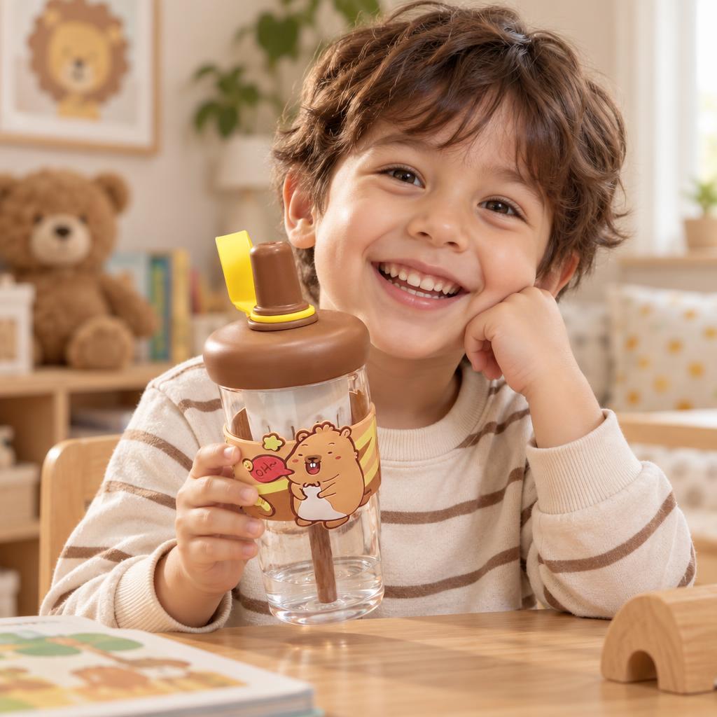 Child holding the brown clear cartoon straw tumbler with a bear-style character print band, brown straw and yellow carry loop.