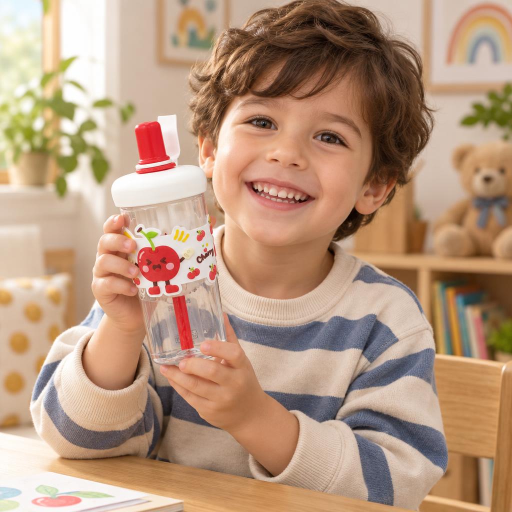 Child holding the white and red clear cartoon straw tumbler featuring a cherry character print band, red straw and white carry loop.