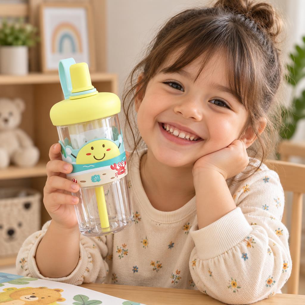 Child holding the yellow clear cartoon straw tumbler with a smiling sea-themed print band, mint carry loop and yellow straw.