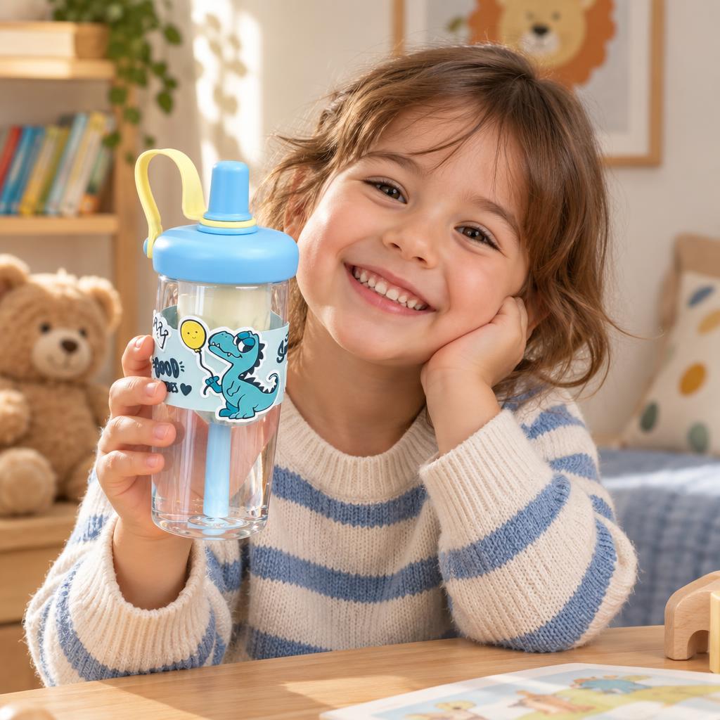 Child holding the blue clear cartoon straw tumbler with a dinosaur print band, blue lid, yellow carry loop and blue straw.
