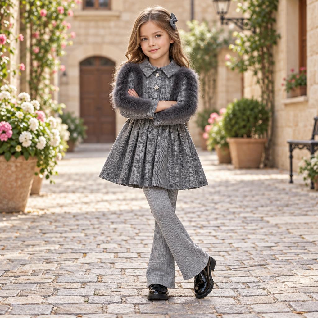 Girl wearing the grey fur-trim frock and matching grey ribbed tights, showing the collared bodice, floral buttons and flared skirt.
