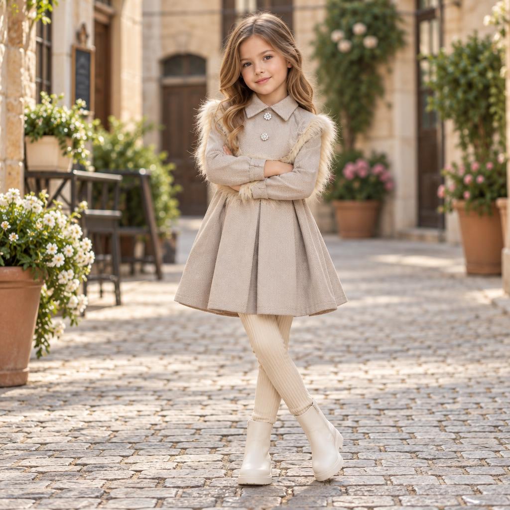 Girl modelling the beige frock and cream ribbed tights set with plush-look sleeve trim and a gathered flared skirt.