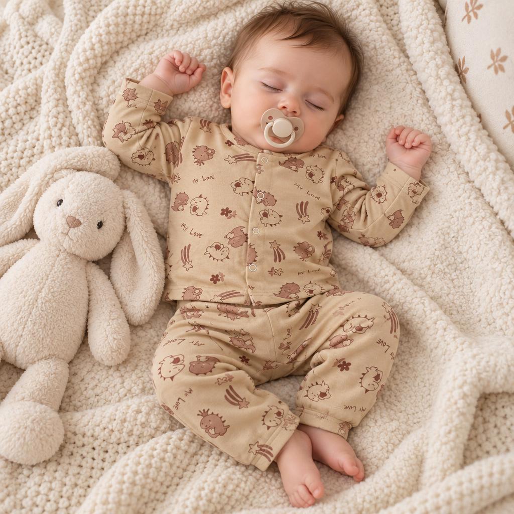 Sleeping baby wearing the brown dino print fleece shirt and trouser set with front snap closure, styled on a cream blanket beside a plush bunny.