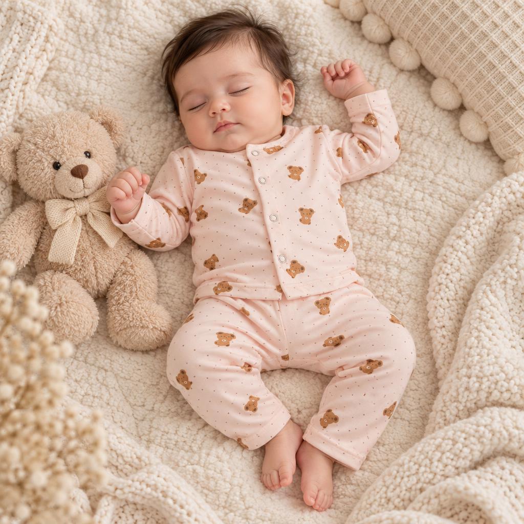 Sleeping baby wearing the pink teddy bear print fleece shirt and trouser set beside a plush teddy bear.