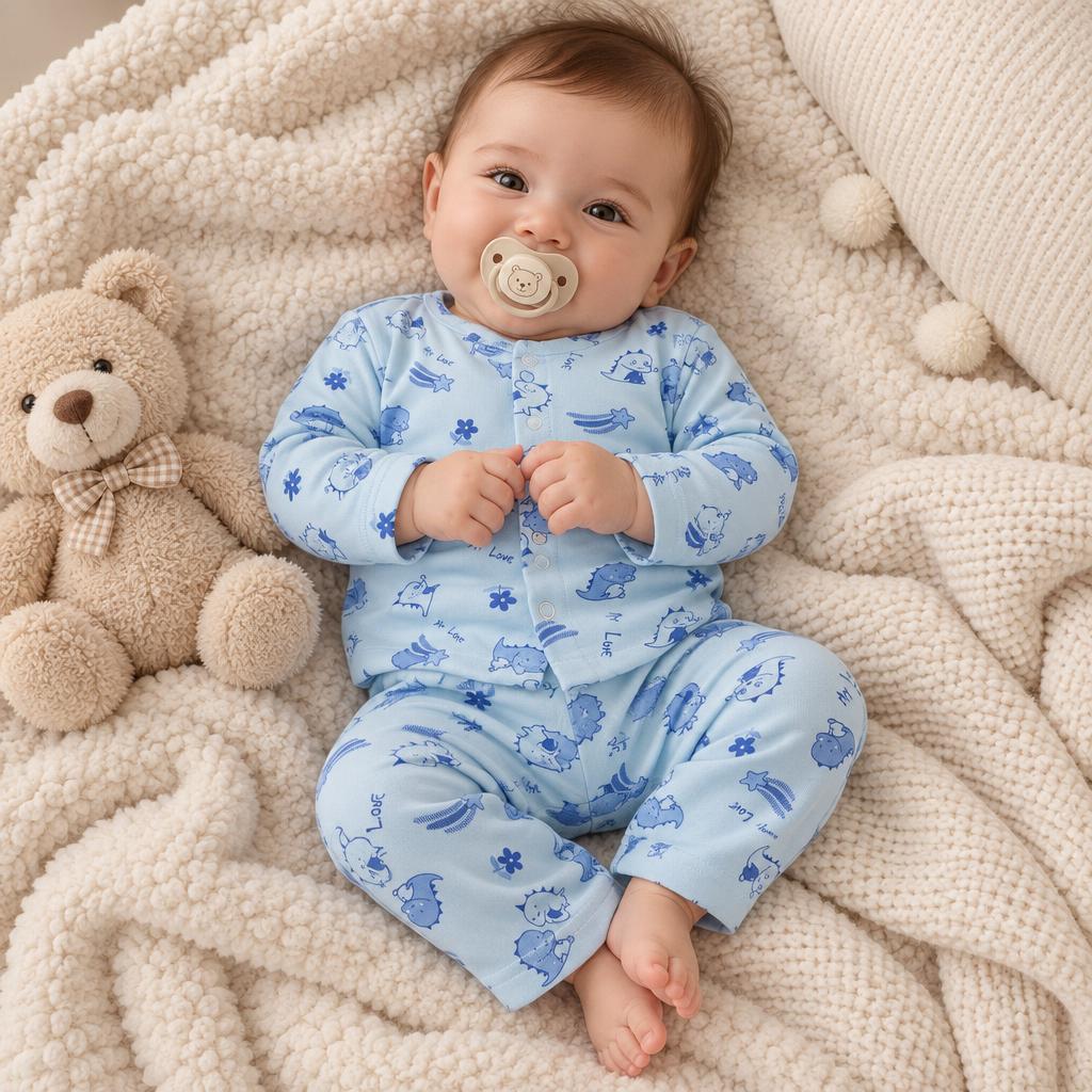 Baby wearing the blue dino print fleece shirt and trouser set, shown seated on a textured cream blanket with a teddy beside him.