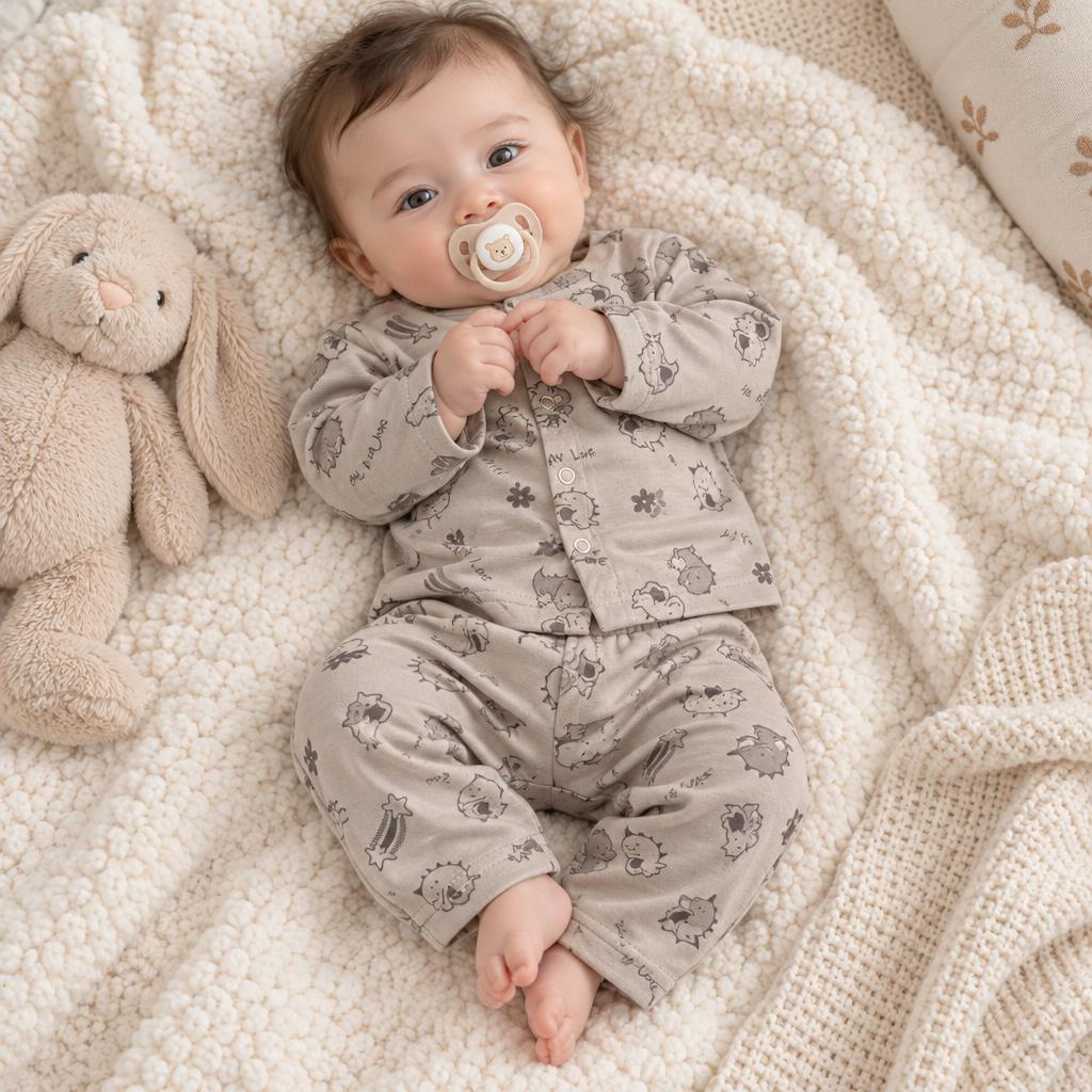 Baby wearing the grey dino print fleece shirt and trouser set, shown lying on a cream textured blanket with a plush bunny.