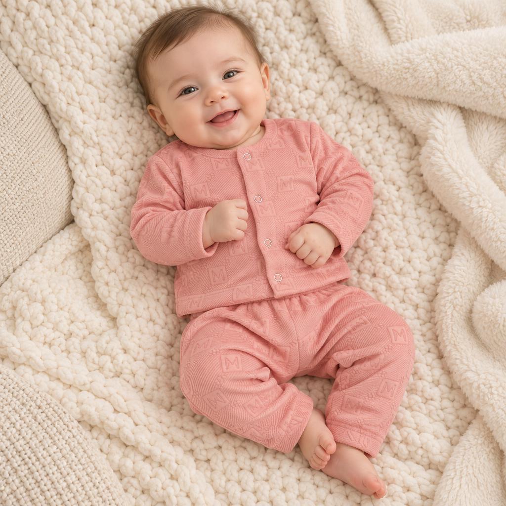 Baby wearing the pink matching letter-pattern shirt and trouser set, showing the round neck, front snap buttons and full-length trousers.