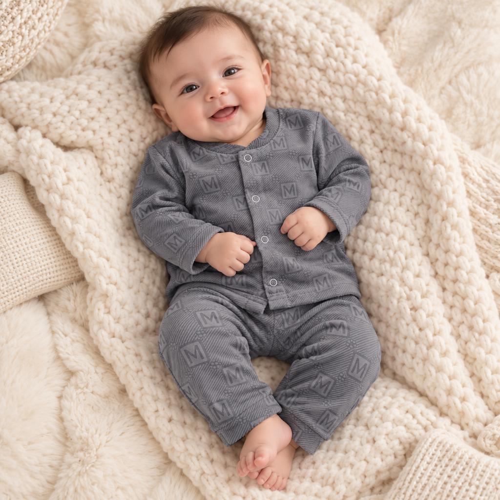 Baby wearing the grey letter-pattern knit shirt and trouser set, with a snap-front long-sleeve top, on a chunky cream blanket.