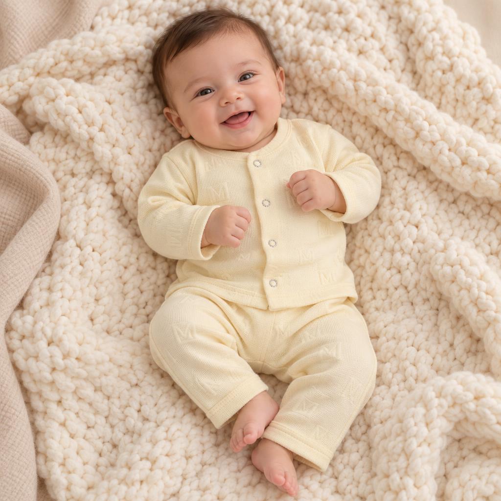 Baby wearing the yellow letter-pattern knit shirt and trouser set on a cream knitted blanket, with the button-front top clearly visible.
