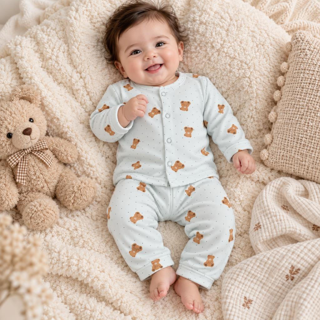 Smiling baby wearing the mint green teddy bear print fleece shirt and trouser set with long sleeves and cuffed ankles.