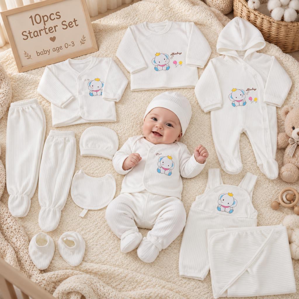 White ribbed newborn 10-piece starter set arranged on a cream nursery blanket, featuring pastel animal-print cardigan, hooded footed romper, trousers, bib, booties and matching blanket.