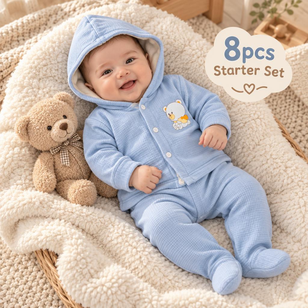Blue newborn 8-piece bear waffle starter set shown on a baby, featuring a hooded button-front cardigan, footed trousers and bear chest print.